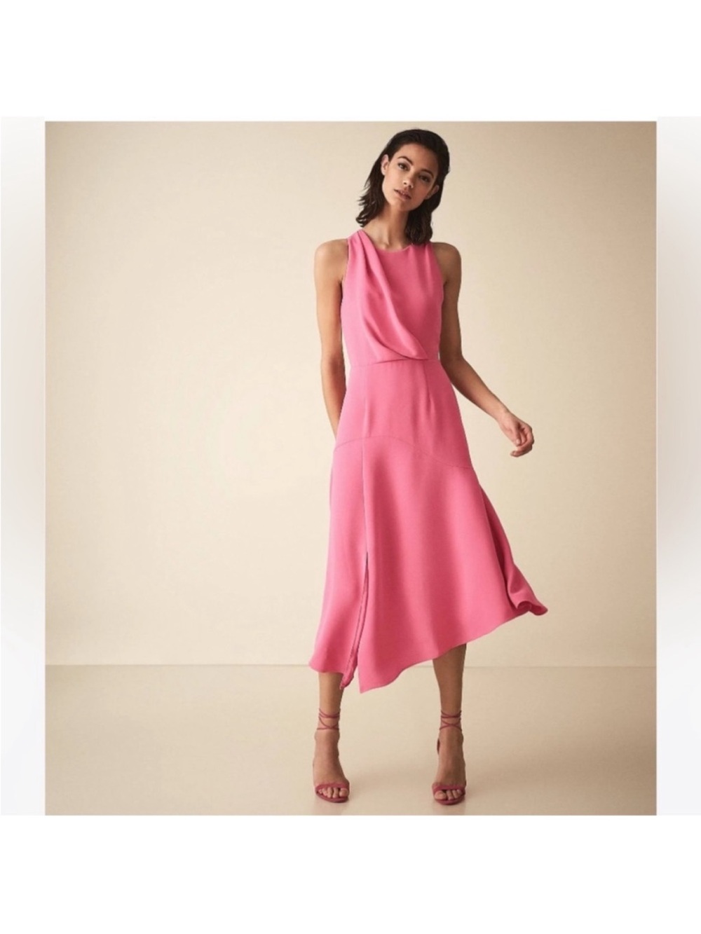 Reiss Pink and White Back-Tie Midi Dress with Front Slit - Picture 4 of 8